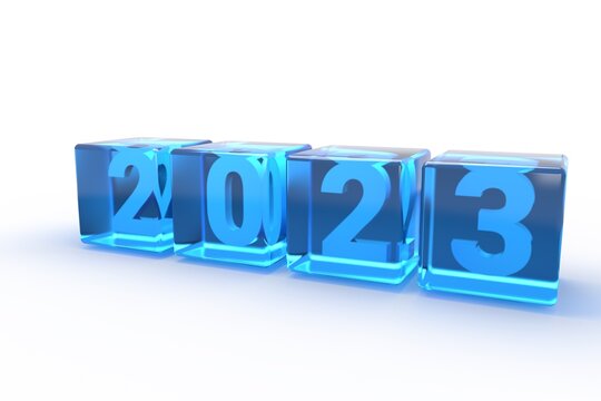 2023 Text in Glass Cube on White Background