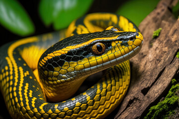 Fototapeta premium Yellow ringed dendrophila boiga on wood. Generative AI