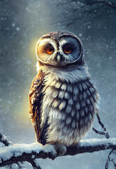 Tiny Cute Owl in the snow, illustration of cute owl in christmas landscape