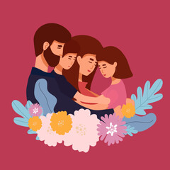 vector illustration of a happy family, mother father daughter son holding hands and hugging, complete prosperous family vector.