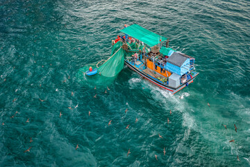 Ships and fishermen are fishing anchovies in Yen Island, Phu Yen, Vietnam