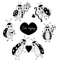 Collection cute ladybugs. loving pair insects with heart, with bouquet of flowers and letter, and ladyladybird bug cupid with arrow.s. Vector illustration. Isolated hand drawings doodle.