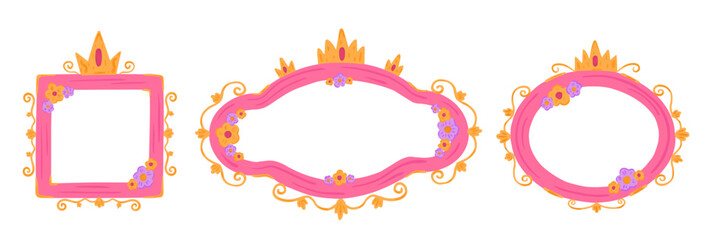 Set with pink princess frame with crown in hand drawn cartoon style © Yulia Zelinskaya