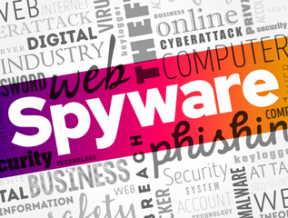 Spyware is software with malicious behaviour that aims to gather information about a person or organization, word cloud concept background