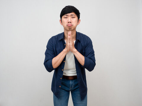 Asian Man Standing Gesture Respect Hand Need For Apologize Isolated