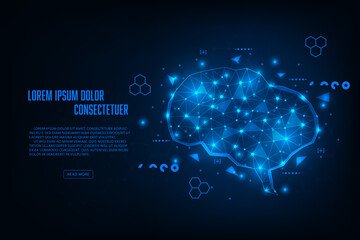 Vector artificial intelligence hardware concept. Blue light glowing connection hologram brain. Technology abstract background.
