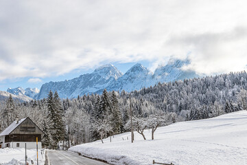Landscape photo of mountain peaks of Julian Alps, winter time in Tarvisio
