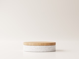3d white granite and wooden display podium isolated on beige white background. 3d rendering of abstract presentation for product advertising. 3d illustration.