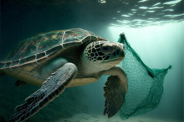 Obraz premium a turtle swims through the water in the background is a fishing net. Generative AI