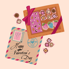 Happy Valentines Day greeting card. box of strawberries in chocolate and chocolates, flat style. Vector illustration.
