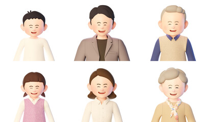 3d illustration set of family character expressions expressing a smiling face