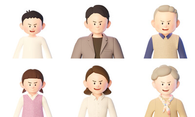 3d illustration set of family character expressions expressing angry emotions