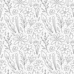 Botanical seamless pattern with flowers, leaves and branches. Vector hand-drawn illustration in doodle style. Perfect for decorations, wallpaper, wrapping paper, fabric. Floral background.