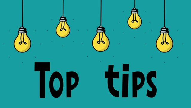 top tips text concept animation.Light bulbs symbol.cartoon style.Marketing and advertising tag.fade in and fade out effect.