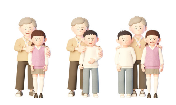 3d illustration of grandmother, grandchild, and granddaughter's happy appearance