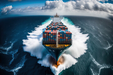 A loaded container cargo ship is seen in the front as it speeds over the ocean. Generative AI - obrazy, fototapety, plakaty