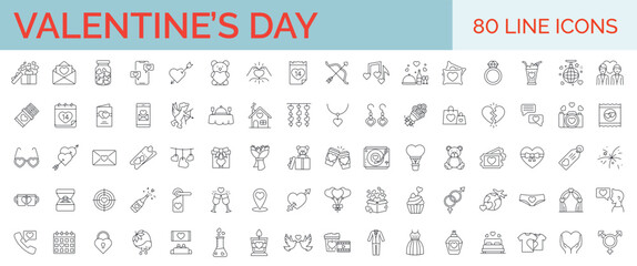 Set of 80 Valentine's Day icons.  Collection of minimal thin line web icons. Love, passion, celebration, valentine's elements. Simple vector illustration.