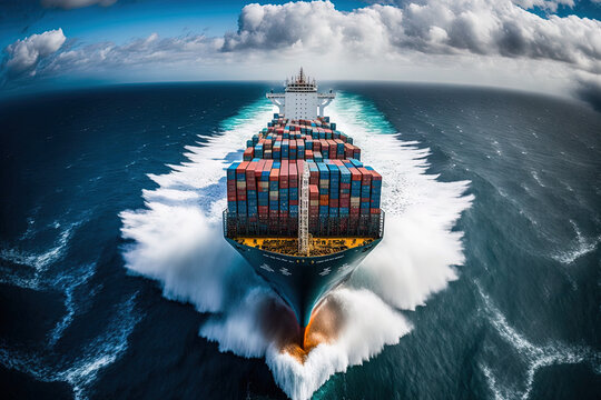 A loaded container cargo ship is seen in the front as it speeds over the ocean. Generative AI