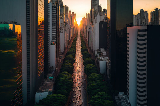 Aerial image of Brazil's Sao Paulo's Avenida Paulista. a well known city avenue Several residential buildings as well as tall business structures. Generative AI