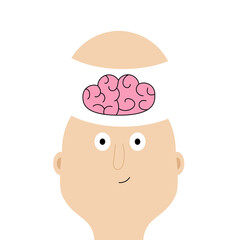 Man face portrait. Bald guy face. Human brain in head. Smiling happy emotion. Cute cartoon funny character. Successful businessman. Avatar for social network. Flat design. White background.
