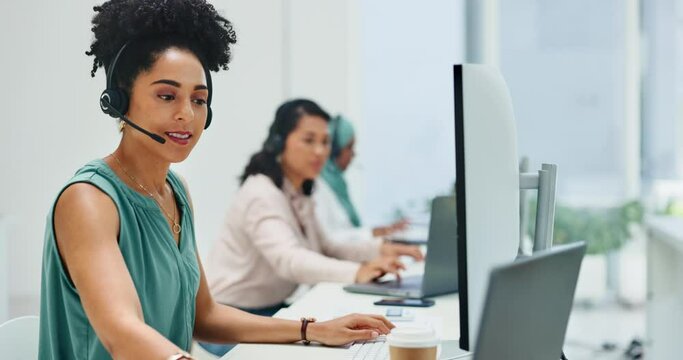 Computer, telemarketing or black woman in call center consulting, talking of helping clients with life insurance. Crm, customer services consultant or sales agent speaking at technical support job
