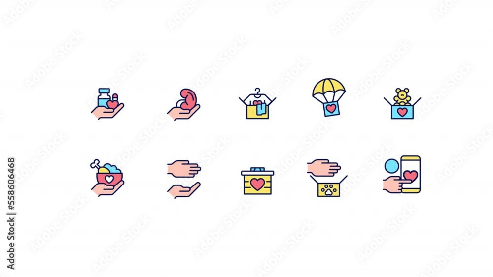 Poster animated donation color icons. financial assistance. humanitarian organization. seamless loop hd vid