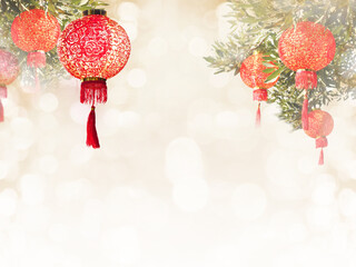 Chinese lantern isolate over golden bokeh for Chinese New Year background. - 558606860