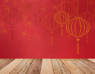 Wooden table top over Chinese new year background.