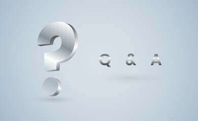 3Ds Question mark with Q and A concept on gradient white background.
