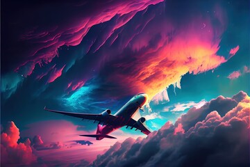 Passenger airplane against a background of colorful clouds. Ai generative