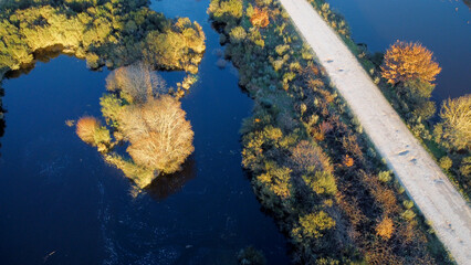 aerial view from a dirt road in a flooded area, climate change concept