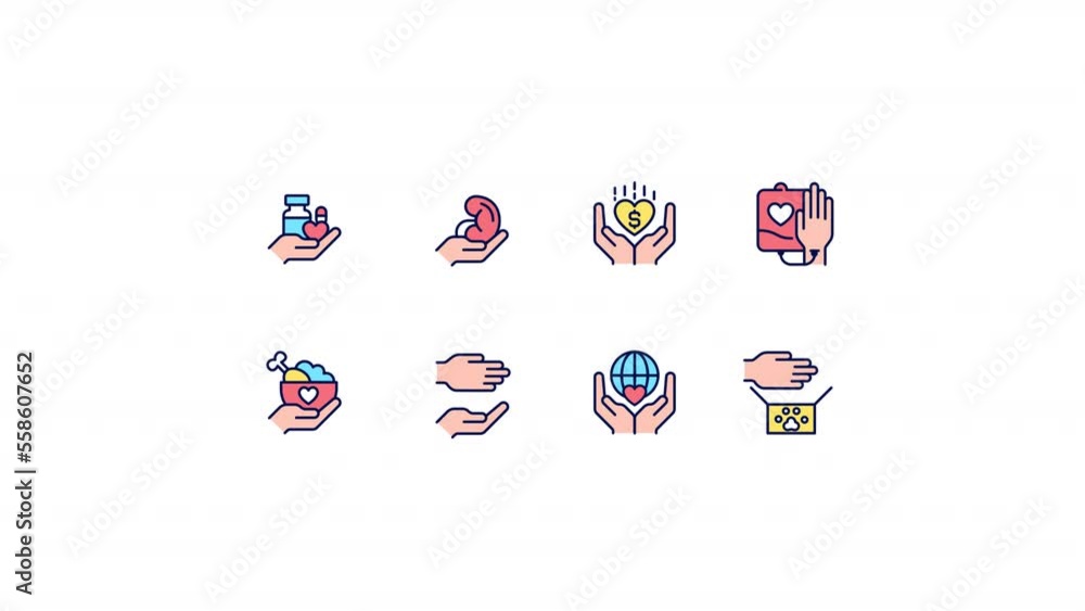 Poster animated benefaction color icons. volunteer opportunities. charitable giving. seamless loop hd video