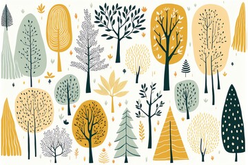 Fototapeta premium a green and yellow forest with doodle trees and bushes, a storybook illustration, contest winner, naive art, repeating pattern, storybook illustration, white background background 
