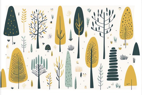 a green and yellow forest with doodle trees and bushes, a storybook illustration, contest winner, generative ai naive art, repeating pattern, storybook illustration, white background

