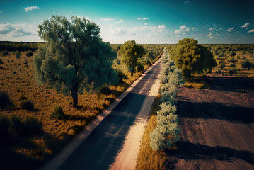 Drone photo of a rustic road created with Generative AI technology