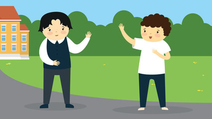 Two boys wave their hands to each other in the school yard