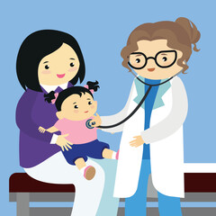 Doctor listens to a little girl through a stethoscope