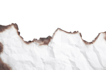 Piece of crumpled paper with dark burnt borders on white background, top view. Space for text