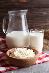 Tasty fresh milk and cottage cheese on grey table