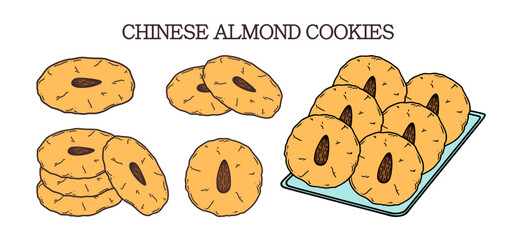 Chinese almond cookies vector illustration. Chinese New year dessert almond biscuit in doodle style.