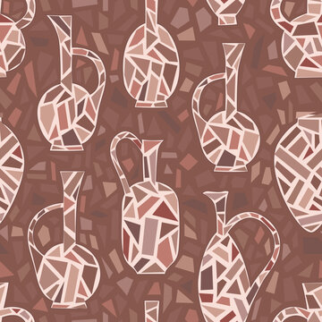 Traditional Georgian clay vessels, Qvevri, pots, amphoras vector seamless pattern. Brown background with Caucasian tableful