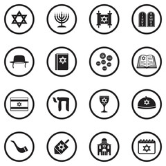 Hanukkah Icons. Black Flat Design In Circle. Vector Illustration.
