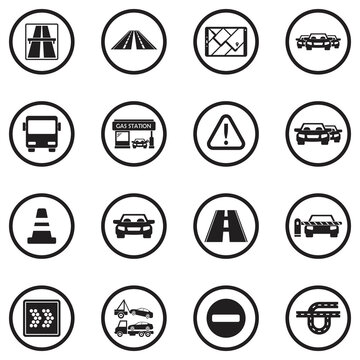 Highway Icons. Black Flat Design In Circle. Vector Illustration.