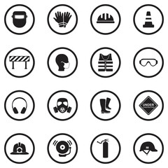 Job Safety Icons. Black Flat Design In Circle. Vector Illustration.