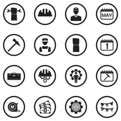 Labor Day Icons. Black Flat Design In Circle. Vector Illustration.