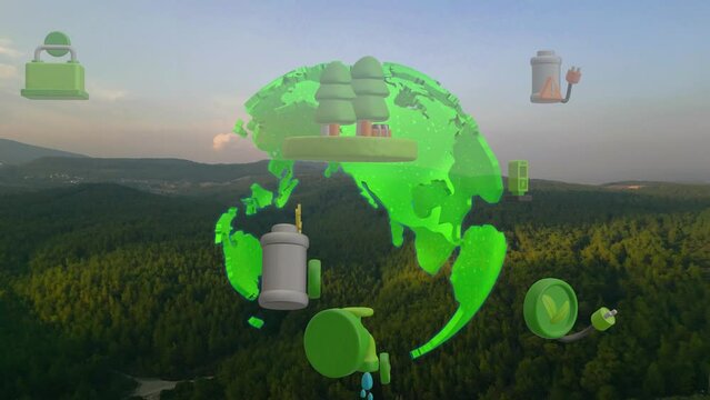 Green forest aerial view and environmental technology concept. Green tech. Ecology. Green transformation. GX. SDGs. High quality 4k footage