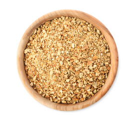 Bowl of dried orange zest seasoning isolated on white, top view