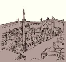 Obraz premium Vector drawing. Ancient eastern town