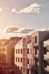 Modern architecture building. Contemporary low-rise flat house. Concept of sustainable future living.