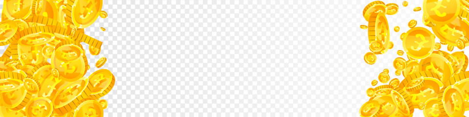 British pound coins falling. Scattered gold GBP